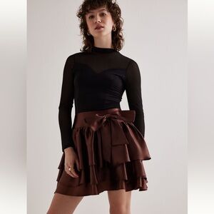 Anthropologie Elegant Brown Layered Ruffle Skirt with bow